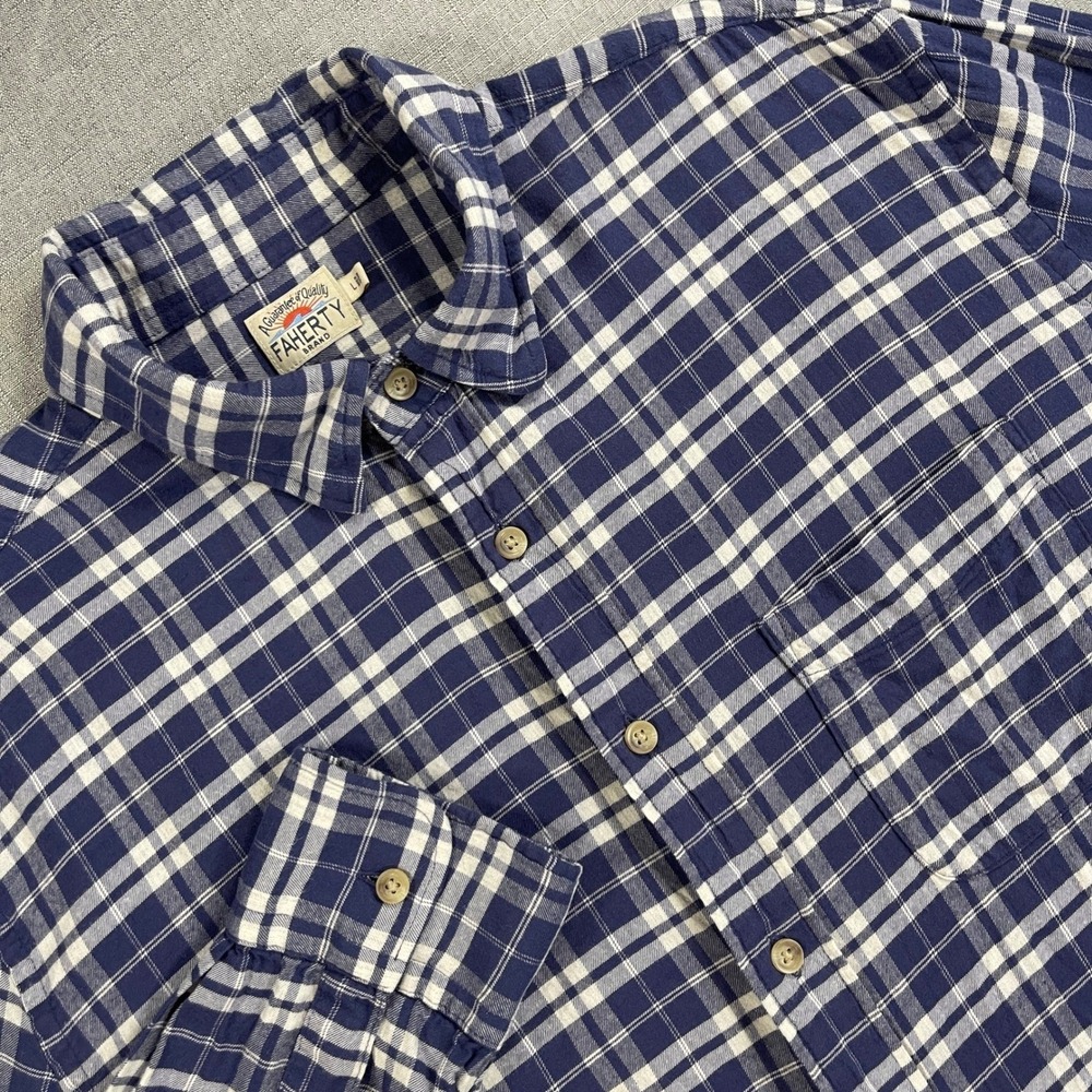 Faherty Flannel Supima Stretch Plaid Long Sleeve Shirt Mens‎ Large Blue White